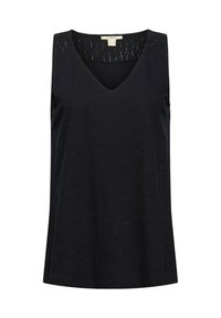 Svart ärmlös topp med V-ringning och texturerad spetsdetalj på axlarna. Mjuk tygkvalitet, lös passform och minimalistisk design.