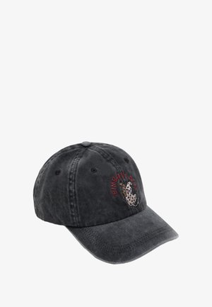Gorra de béisbol gris oscuro con un perro bordado en blanco y marrón y texto rojo "BIMBA Y LOLA" en el panel frontal.