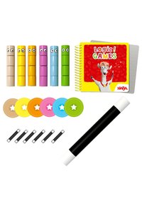 Colorful stacking blocks with eyes, a spiral-bound game book, various round tokens in pastel colors, and a black marker with a white cap.