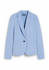 Světle modrý blazer vyrobený z hladké tkaniny, s jedním černým tlačítkem, klopami s výstřihem a dvěma předními kapsami, s upraveným střihem.
