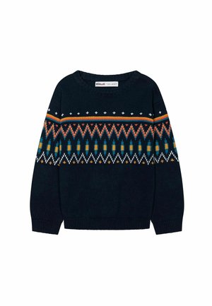Pull en tricot bleu marine avec des motifs géométriques orange, turquoise, blanc et jaune sur la poitrine et les manches, col rond et poignets côtelés.