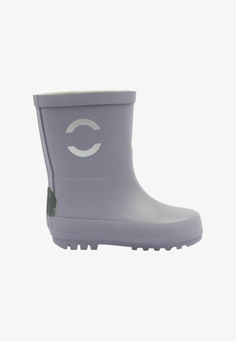 Botte de pluie en caoutchouc imperméable violette avec semelle texturée et un logo blanc en forme de demi-cercle sur le côté, vue de profil gauche.