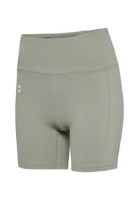 Ljusgröna sportshorts med hög midja, slät textur och vita logotypdetaljer på sidorna. Designade för komfort och flexibilitet.