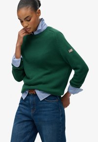 Grüner gestrickter Pullover mit Rundhalsausschnitt, getragen über einem hellblauen Hemd mit Kragen. Ein bemerkenswertes Detail ist ein kleines Flaggenemblem am Ärmel.