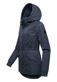 Veste à capuche bleu marine avec fermeture éclair, taille élastique, deux poches latérales, poignets côtelés et tissu lisse, résistant à l'eau.