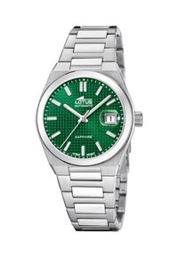 Stainless steel watch with a green textured dial, silver hour markers, and date window. Features a sapphire crystal and a secure bracelet.