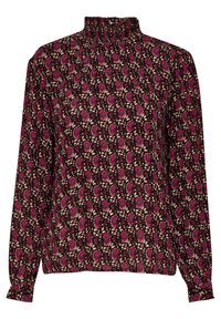 Langarmbluse mit hohem, gerafftem Kragen; dunkelbrauner Stoff mit pinkfarbenem Blumenmuster und cremefarbenen Akzenten; leicht und texturiert.