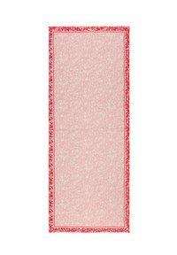 Tessuto rosa con un motivo a rilievo, bordato da un bordo rosso acceso con un disegno floreale e accenti bianchi. Forma rettangolare, trama liscia.