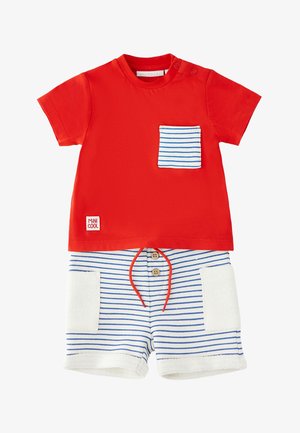 Red short-sleeve toddler shirt with blue and white striped pocket and matching striped shorts with white patch pockets and wooden buttons.