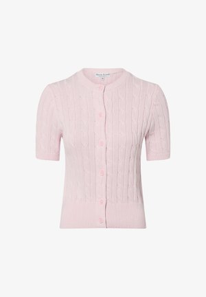 Short-sleeve pink cardigan with a cable knit pattern, round neckline, and button closure. Soft texture with ribbed hem and sleeves.