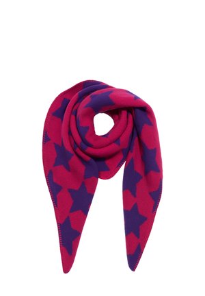 Bright pink scarf with large purple star patterns, folded in a loop with pointed ends visible.