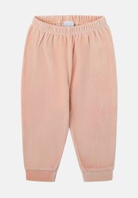 Pantalones para niños pequeños con cintura elástica suave de color rosa y puños fruncidos, confeccionados con tela de felpa para mayor comodidad.