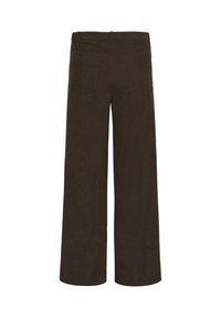 Pantalons large en velours côtelé marron avec une finition texturée, dotés de poches arrière et d'une taille mi-haute. Convient pour une utilisation décontractée.