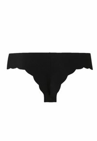 Black thong underwear made of smooth fabric, featuring a scalloped waistband design and minimalistic shape with no detailing.