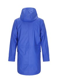 Niebieska wodoodporna parka z kapturem, długimi rękawami i prostym krojem. Posiada ściągacz w talii i jest wykonana z gładkiego materiału syntetycznego.