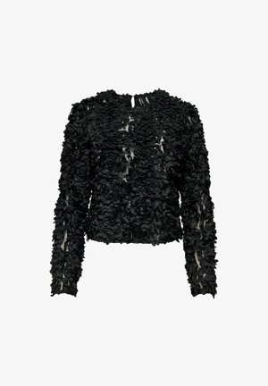 Haut noir à manches longues avec des appliqués floraux texturés, tissu semi-transparent visible entre les pétales, et une petite ouverture en forme de clé au dos.