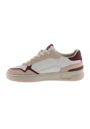 Sneaker bianco e beige con accenti in pelle scamosciata, dettagli borgogna, punta rotonda, chiusura con lacci e suola in gomma con motivo.