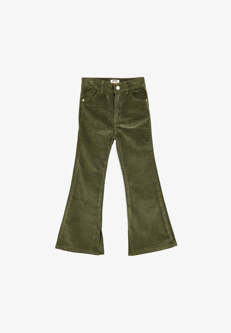 Green corduroy flared pants with front pockets, a button closure, and slits at the hem. The fabric has a textured finish.