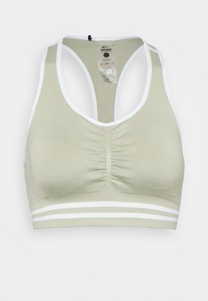 Sutiã desportivo verde claro com centro franzido, design de alças cruzadas nas costas, acabamento branco e duas riscas horizontais brancas na parte inferior. Material em mistura de algodão.