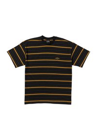 Camiseta negra de manga corta con rayas horizontales en amarillo y naranja. Cuello redondo con un pequeño logo en la parte delantera. Tejido de algodón suave.
