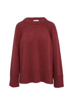 Bordeaux gestrickter Pullover mit hohem Kragen, Raglanärmeln und geripptem Saum und Bündchen. Weiche Textur mit einer entspannten Passform.