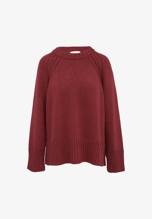 Burgundy knitted sweater with a high collar, raglan sleeves, and ribbed hem and cuffs. Soft texture with a relaxed fit silhouette.