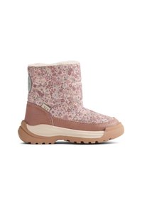 Blomsterprydda ankelskor i rosa och beige med en texturerad sula för bra grepp och mjukt foder. Har en dämpad design för komfort.