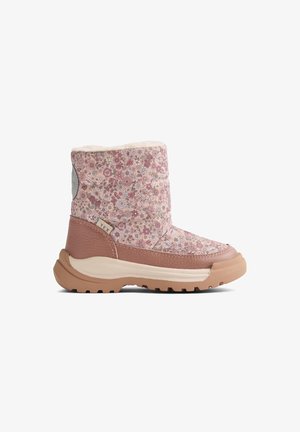 Bloemmotief enkellaarsjes in roze en beige met een gestructureerde gripzool en zachte voering. Kenmerkt zich door een gewatteerd ontwerp voor comfort.