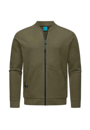 Olive green zip-up jacket with a stand collar, two front pockets, textured fabric, and contrasting zipper in blue.