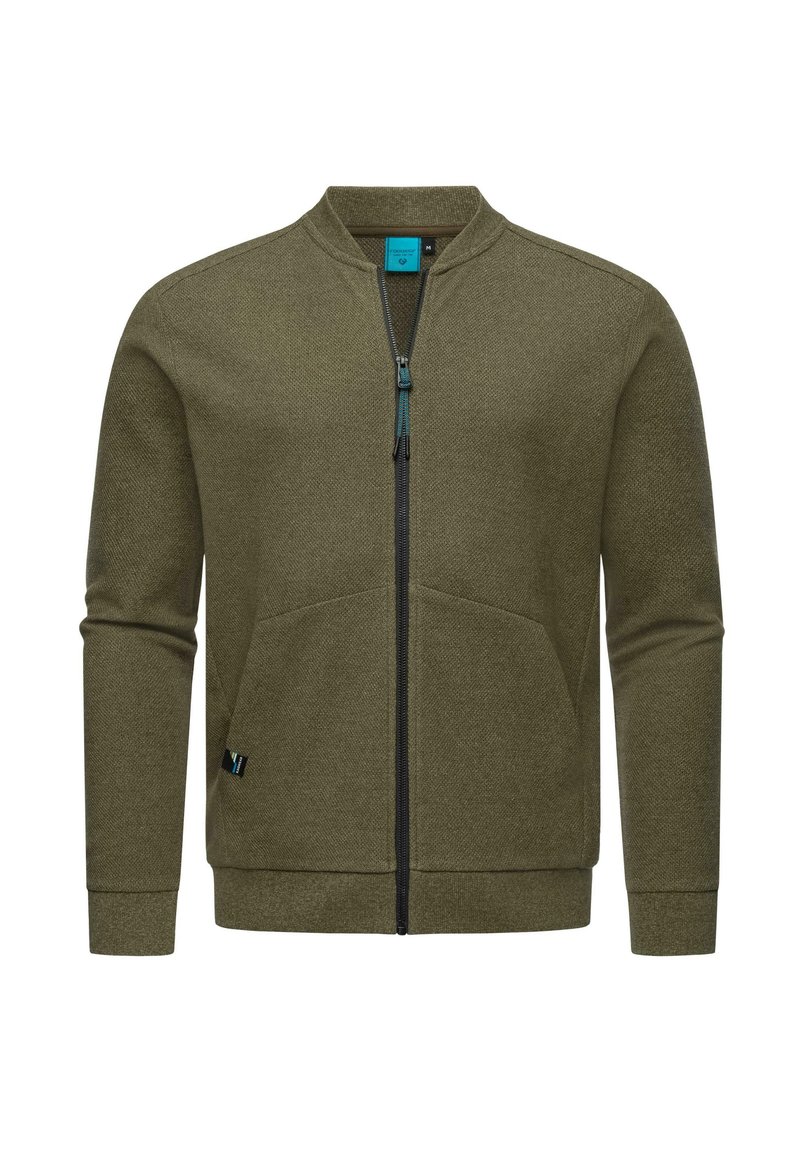 Olive spalvos zip-up striukė su stovinčia apykakle, dviem priekinių kišenėlių, tekstūruotas audinys ir kontrastinga mėlyna užtrauktukas.