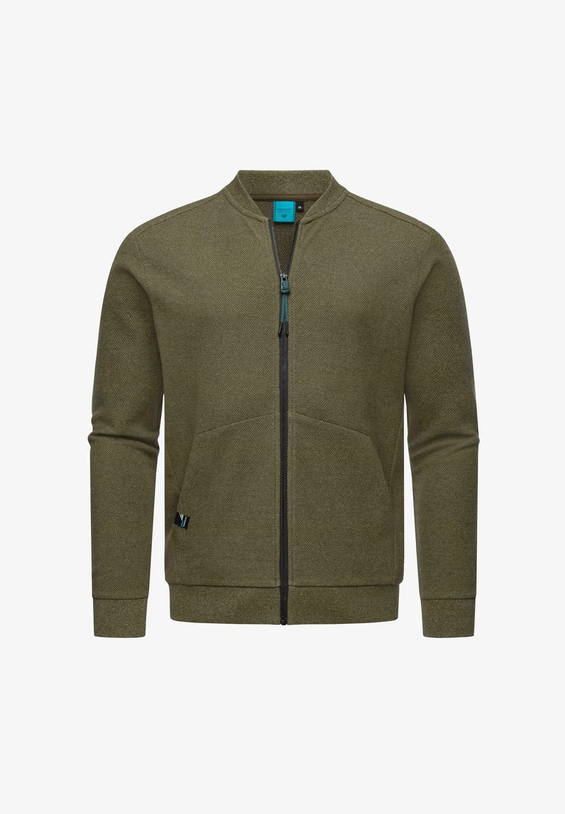Olíva zöld cipzáros dzseki álló gallérral, két elülső zsebbel, textúrált anyagból készült, kék ellentétes cipzárral.