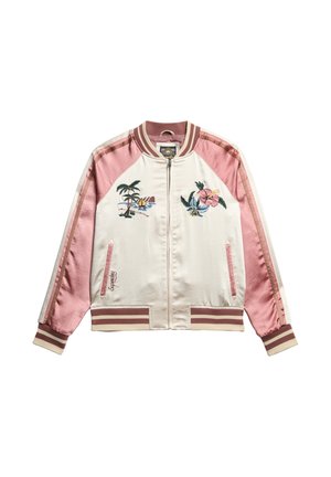 Veste bomber en crème avec des manches en satin rose. Présente des motifs tropicaux brodés et des accents rayés. Fermeture éclair à l'avant et poignets côtelés.