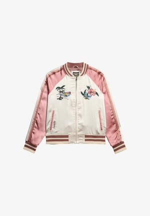 Cremefarbene Bomberjacke mit rosa Satinärmeln. Verfügt über gestickte tropische Motive und gestreifte Akzente. Mit Reißverschluss vorne und gerippten Bündchen.