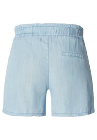 Light blue elastic waist shorts with a single back welt pocket, displayed flat on a white background.