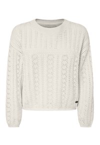 Weißer Strickpullover mit rundem Halsausschnitt, der ein strukturiertes Muster aus vertikalen Linien und Lochstrickdetails aufweist. Reguläre Passform mit langen Ärmeln.