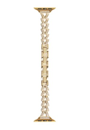 Bracelet de montre en or avec des segments liés et des décorations en strass en forme de V, conçu pour être fixé à une montre connectée.