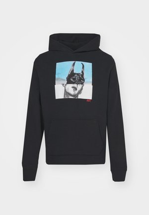 Black hoodie featuring a graphic print of a face with a mask, surrounded by blue and white squares. Includes a front pocket and ribbed cuffs.