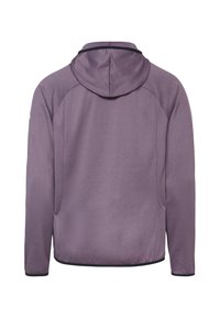 Veste à capuche violette vue de dos avec manches longues et bordure noire sur la capuche et l'ourlet.