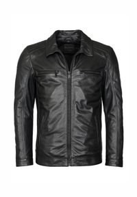Zwarte leren jas met een ritssluiting aan de voorkant, twee borstzakken en een kraag. Heeft een strakke, gladde textuur en een getailleerde pasvorm.