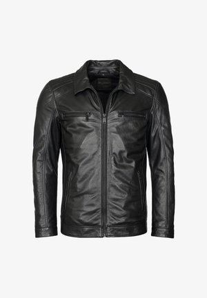 Sort læderjakke med lynlås foran, to brystlommer og krave. Har en glat, glat tekstur og tilpasset pasform.