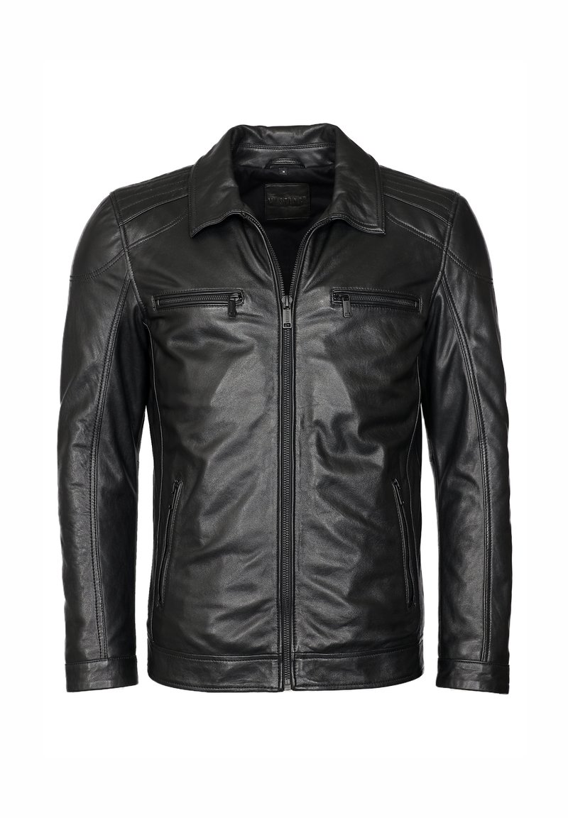 Zwarte leren jas met een ritssluiting aan de voorkant, twee borstzakken en een kraag. Heeft een strakke, gladde textuur en een getailleerde pasvorm.