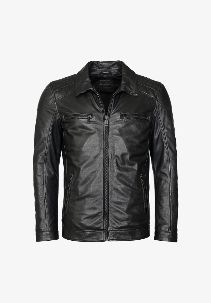 Musta nahkatakki vetoketjullisella etuosalla, kahdella rintataskulla ja kauluksella. Ominaisuuksiin kuuluu tyylikäs, sileä pinta ja räätälöity istuvuus.