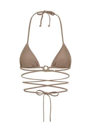 Brown bikini with a triangular top and adjustable tie straps. Features a circular metal hardware detail at the center and crisscrossing side straps.