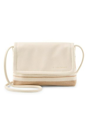 Kleine beige crossbodytas met gestructureerd klepje, gestreepte stoffen bodem en dun verstelbare riem, gebrandmerkt met het "Tom Tailor" logo.