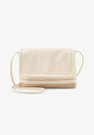 Kleine beige Umhängetasche mit strukturiertem Überschlag, gestreiftem Stoffboden und dünnem verstellbarem Riemen, mit "Tom Tailor"-Logo versehen.