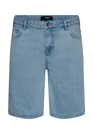 Lyseblå denimshorts med forreste knap, bæltestropper og lommer, mærket "FLASH by Zwill."