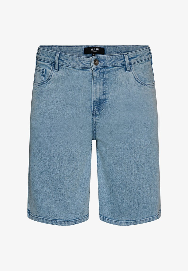 Pantaloncini in denim azzurro chiaro con bottone frontale, passanti per cintura e tasche, etichettati "FLASH by Zwill."