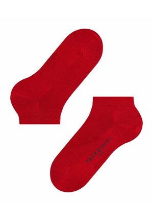 Rote Knöchelsocken aus glattem Stoff, mit gerippten Bündchen und verstärkter Ferse. Enthält das Markenlogo, das in Schwarz auf der Unterseite gedruckt ist.
