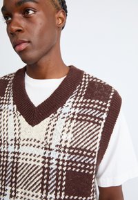 Young person wearing a brown and white checkered knit vest over a plain white t-shirt, looking slightly left on a white background.