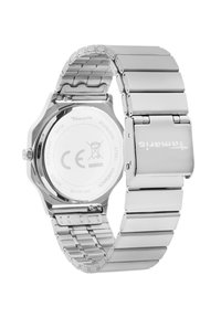 Silberner Edelstahl-Armbanduhr mit glänzender Oberfläche, verstellbarem Gliedarmband und rundem Gehäuse, das den Markennamen auf der Rückseite zeigt.